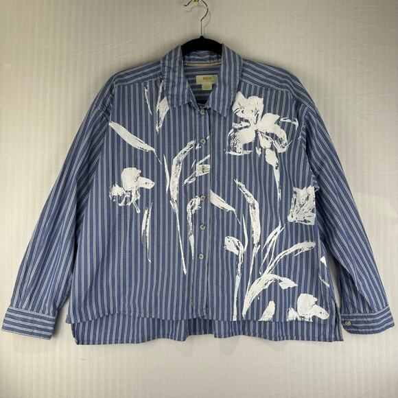 Maeve Blue Button Down Shirt White Striped Painted Floral Print Women’s Size XS - Picture 1 of 9